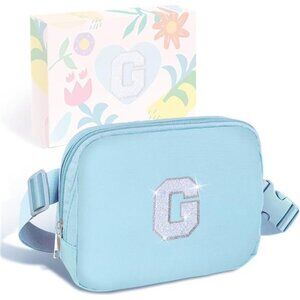 Blue Belt Bag Small Waist Fanny Pack Crossbody Purse with Initial Letter Patch